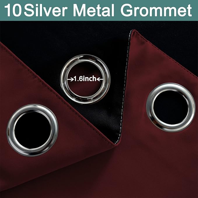 Yakamok 100% Blackout Curtains for Living Room, Noise Reducing Drapes,Thermal Insulated Blackout Curtains for Bedroom(62Wx96L, Burgundy Red, 2 Panels)