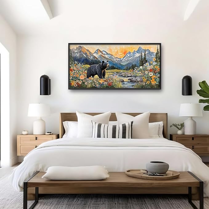 Extra Large Framed Abstract Black Bear Mountain Wall Art,Colorful Wildflower Forest Landscape Wall Decor Pictures for Living Room,Canvas Print Painting Modern Artwork Bedroom Office Bathroom 60L x30W