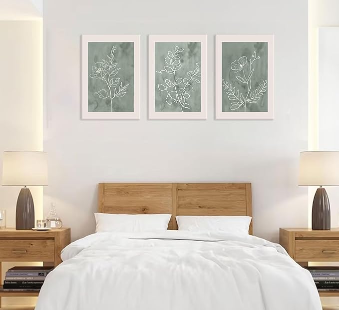 3Pcs Sage Green Botanical Wall Art Line Drawing Floral Canvas Poster Prints Modern Abstract Minimalist Picture Neutral Boho Artwork Simple Painting Wall Decor for Living Room Bedroom 16X24in Framed