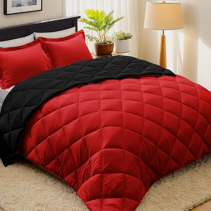 HIG 3pc Red King Size Comforter Set -All Season Reversible Down Alternative Comforter with Two Shams -Quilted Duvet Insert with Corner Tabs - Diamond Stitched Blanket - Breathable, Soft, Fluffy