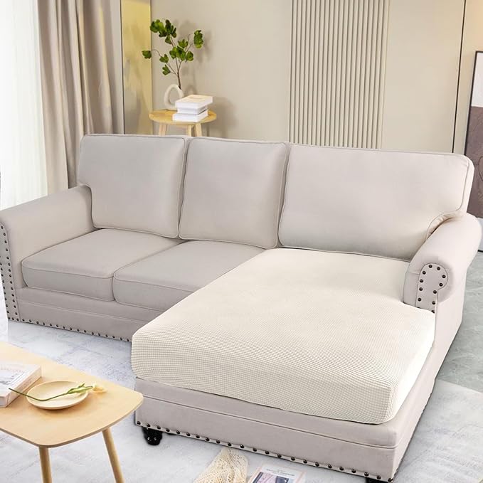 H.VERSAILTEX Super Stretch Individual Chaise Cover Sectional Couch Covers for L Shaped Sofa Both Left/Right Featuring Thick Jacquard Textured Twill Fabric (1 Piece Chaise Cover, Porcelain)