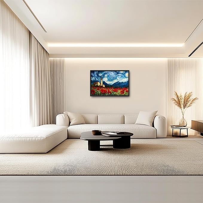 Starry Night Framed Wall Art for Living Room, Large Poppies Canvas Wall Decor, Vintage Red Flowers Pictures Painting, Modern Landscape Artwork for Bathroom Bedroom 36L'' × 24W''