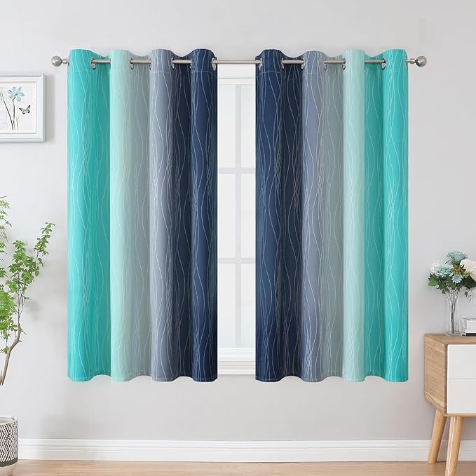 Estelar Textiler Navy Blue and Teal Blackout Curtains 45 Inch Length, Full Light Blocking Gradient Drapes for Kitchen, Thermal Insulated Grommet Ombre Curtains for Bathroom,52Wx45L,2 Panels
