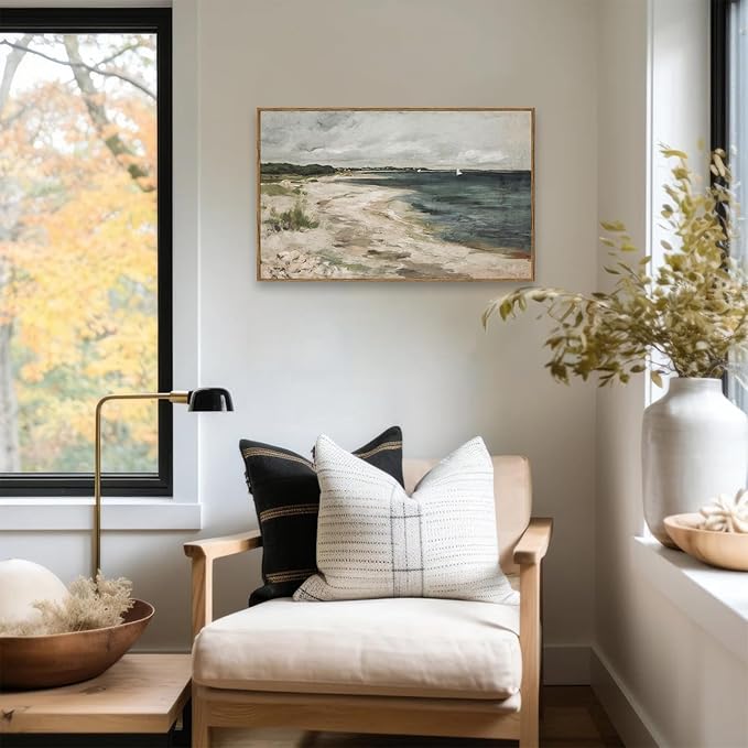 KBKBART Vintage Wall Art, Retro Coastal Seaside Beach House Framed Canvas Art Prints Painting Farmhouse Decor, Rustic Impressionism Scenic Landscape Wall Decor for Bathroom, Bedroom Living Room,