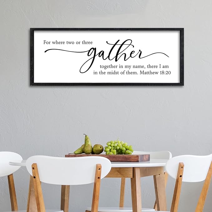 Surfapans For Where Two Or Three Gather Sign Wall Art Decor 32"X12" Dining Room cripture Matthew 18 20 Bible Verse Large Wood Framed Hanging (Black)