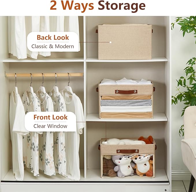 Large Storage Baskets with Clear Window, See Through Closet Organizer with PU Handles, Linen Foldable Storage Bins for Organizing Clothes, Toys, Books (Khaki)