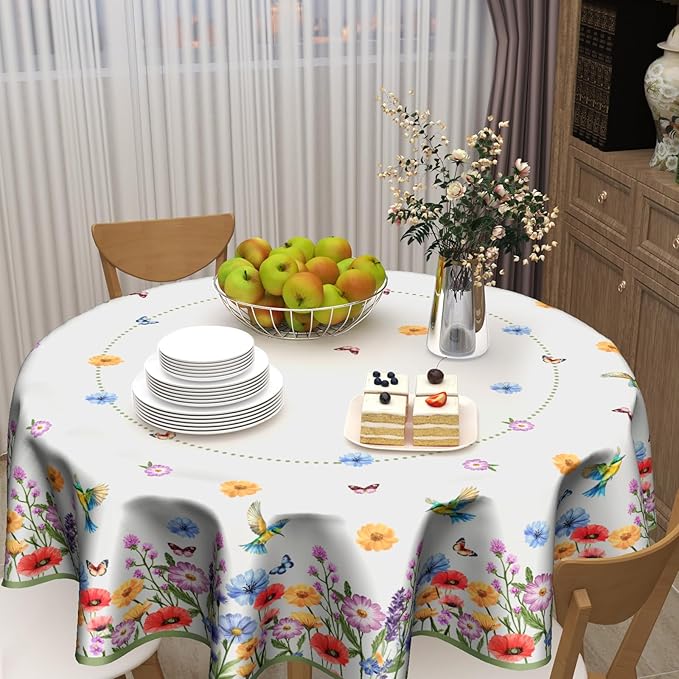 Kawani Spring Summer Wildflower Watercolor Flowers & Butterfly 60"Round Polyester Tablecloth for Home Kitchen Dining Room Picnic Outdoor Party Table Decor