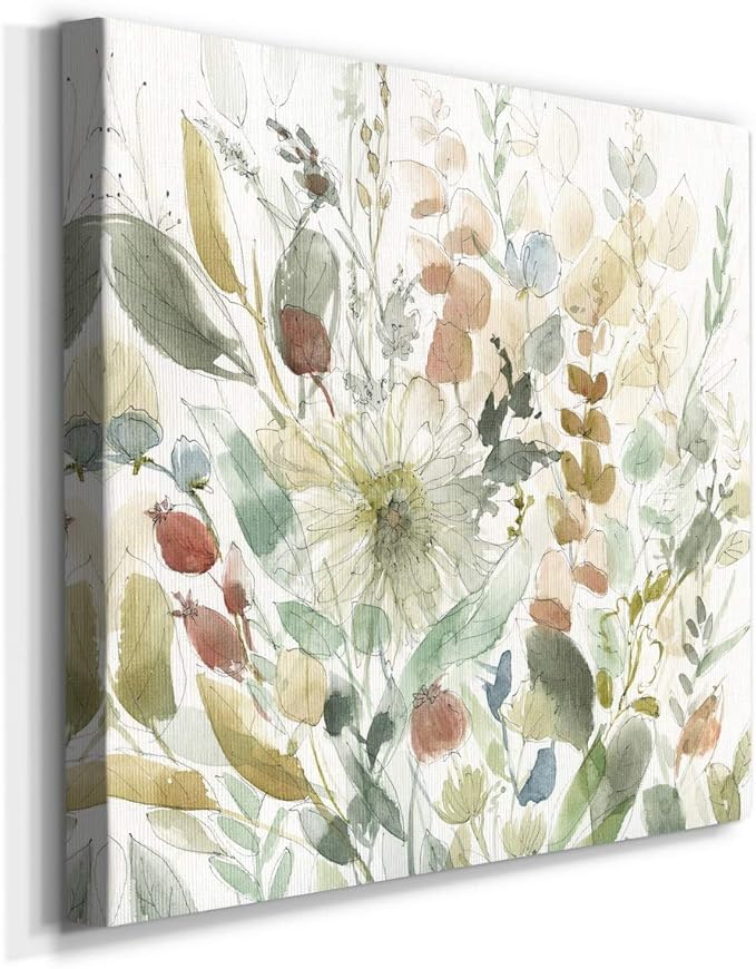 Wexford Home Square Premium Gallery Wrapped Canvas Flower Multicolor Wall Art Abstract Floral Romance Modern Pictures Print for Home Office, Ready to Hang, linen wildflower garden, 16x16