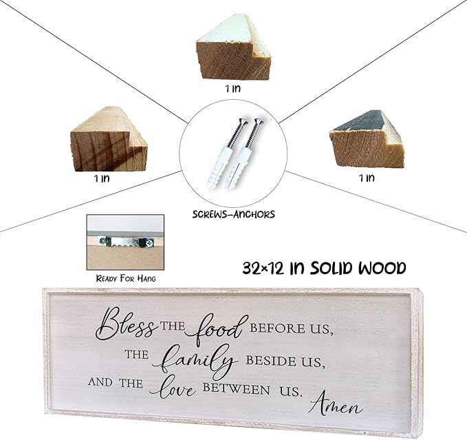 Surfapans Bless the Food Before Us Wall Decor, 32"X12" Farmhouse Dining Room Family Kitchen Sign, Christian Bible Verse Scripture Vintage Home Framed Wood Wall Art (White)