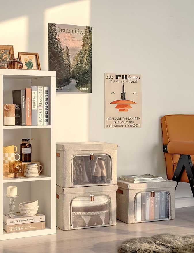 StorageWorks Storage Bins with Lids, Decorative Boxes with Clear Window for Clothes, Fabric Collapsible Baskets for Closet Organization, Large, Brown, 3 Packs