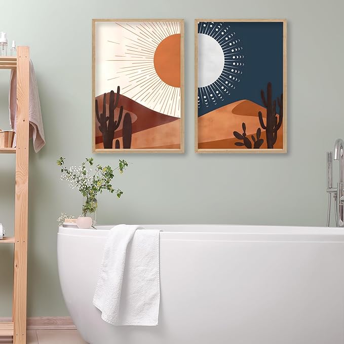Sun and Moon Cactus Desert Landscape Wall Art Decor 16"x11" Modren Farmhouse Living Room Set of 2 Botanical Prints Wooden Framed Bedroom Boho Multicolor Minimal Wall Hanging Sign (Wood)