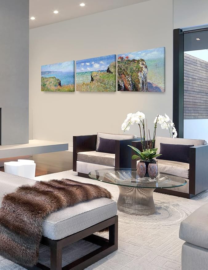 DECORARTS - The Cliff Walk Series(Triptych), Claude Monet Art Reproduction. Giclee Canvas Prints Wall Art for Home Decor 24x30, 3pcs/set