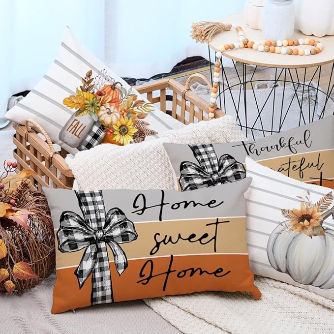 AACORS Fall Pillow Covers 12 x 20 Inch Set of 4, Pumpkin Home Sweet Home Thankful Grateful Blessed Harvest Floral Decorations Autumn Seasonal Pillow Case Decor for Sofa Couch AA557-12