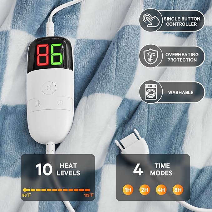 Heated Electric Blanket Twin Size, 62X84 Heating Blanket with 10 Heat Level & 8 Hours Auto Off, Misty Blue Checkered Plaid Soft Fleece Sherpa Blankets Warmer Gifts for Couch Grandma Women Adults, ETL