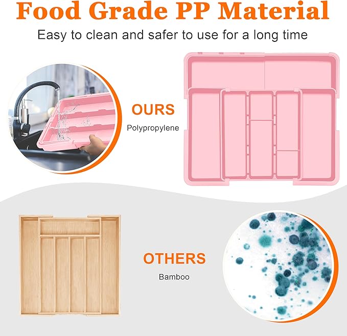 Large Utensil Drawer Organizer Expandable Silverware Organizer for Kitchen Drawer Adjustable Cooking Utensil Holder Cutlery Flatware Tray Spatula Tools Gadgets Storage Dividers Plastic Pink