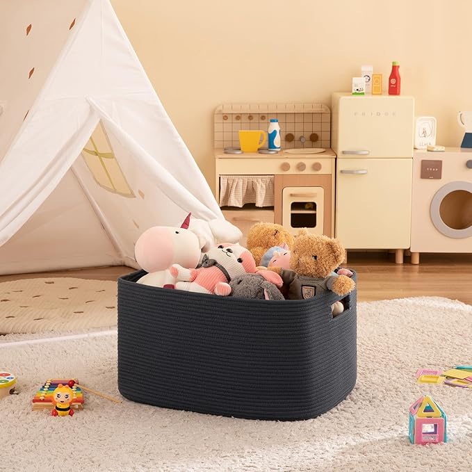 OIAHOMY 75L Large Blanket Basket, Woven Storage Basket with Handle, Cotton Rope Basket 22”x17”x12”,Blanket Basket Living Room, Toy Basket for Nursery, Blue