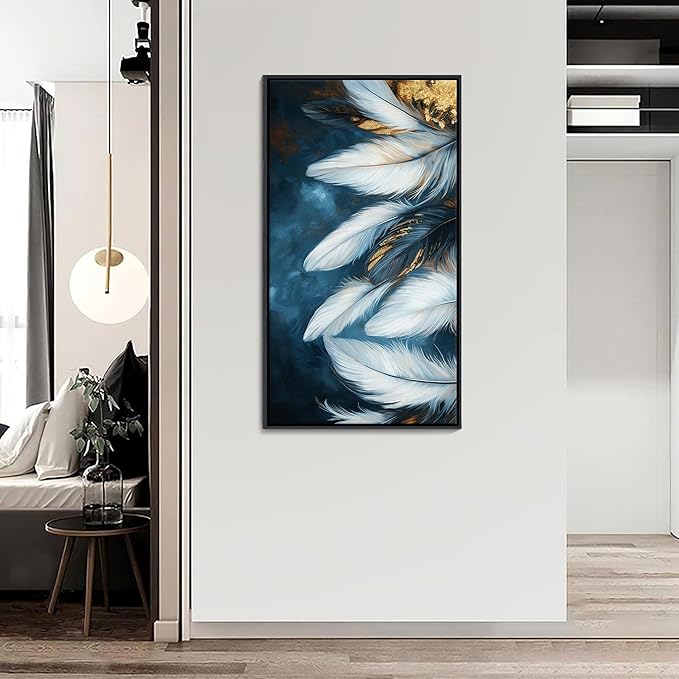 Mofutinpo Blue and Gold Wall Art Framed Navy Blue Decor for Living Room Feather Canvas Art Wall Pictures, Blue Bedroom Wall Decor Above Bed Pictures Wall Decor, Painting - Artwork for Walls 24×48IN