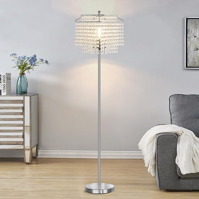 Luvkczc Crystal Floor Lamp, 64" Tall Modern Standing Lamps with Double-Layer Lampshade, On-Off Foot Switch, Silver Finish Pole Lamp for Living Room, Bedroom, Office, 8W Bulb Included