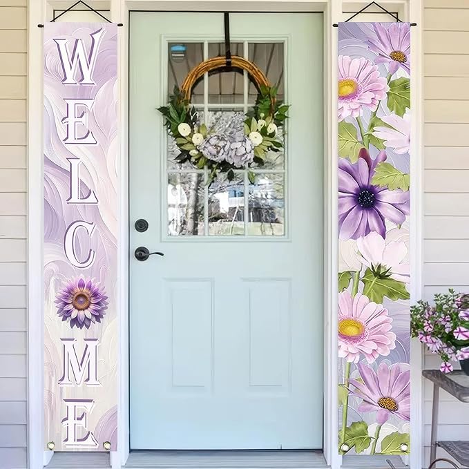 2pcs Welcome Summer Door Banner Colorful Daisy Porch Banners Sign Sunflower Floral Front Door Hanging Decor Banner for Seasonal Home Hawaii Tropical Party Outdoor Decorations