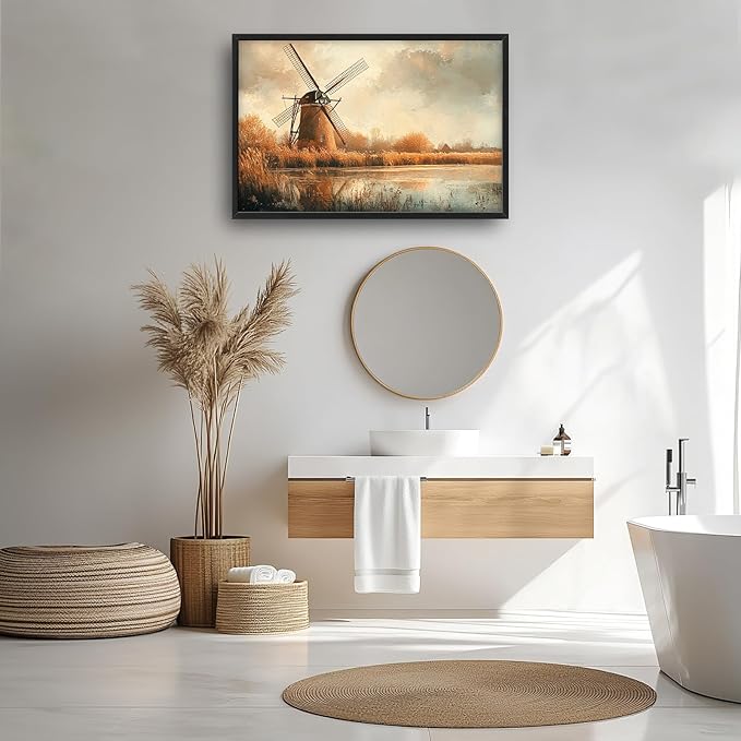 Landscape Framed Wall Art for Living Room, Large Holland Windmill Canvas Wall Decor, Country Farmhouse Pictures Painting, Modern Artwork for Bathroom Bedroom 36L'' × 24W''