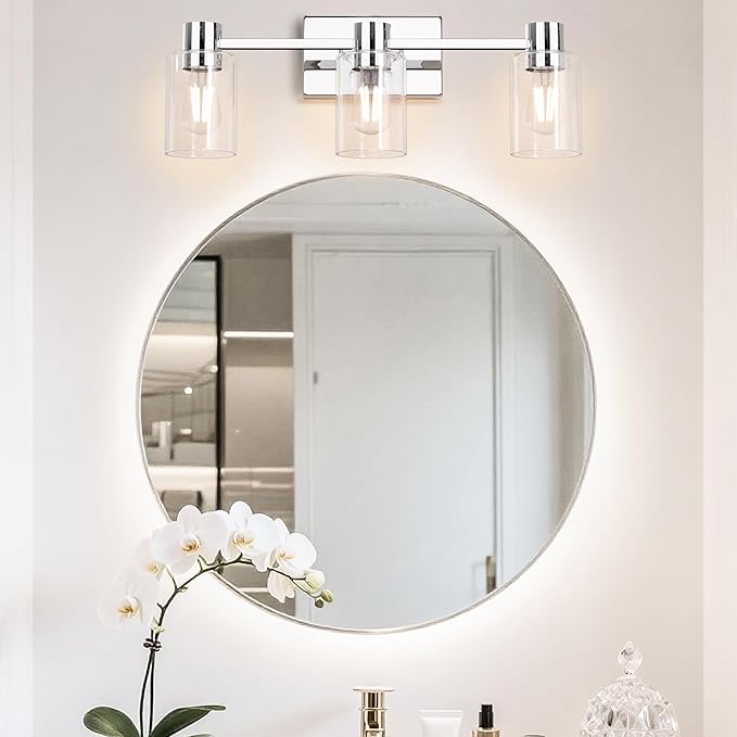 3-Light Modern Vanity Light Fixtures Over Mirror, Polished Chrome Bathroom Light Fixtures, Vanity Lights, Wall Sconce with Clear Glass Shade for Bathroom, E26 Base