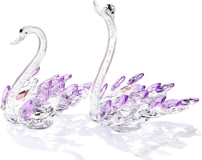Set of 2 Crystal Purple Swans Figurines, Anniversary Wedding Gifts for Women, Mom, Couple, Glass Swan Collectibles Birthday Presents Keepsake for Parents Home Decor, 6.5in Gift Boxed