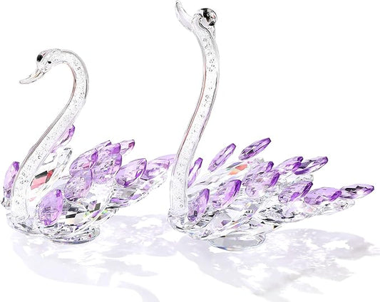 Set of 2 Crystal Purple Swans Figurines, Anniversary Wedding Gifts for Women, Mom, Couple, Glass Swan Collectibles Birthday Presents Keepsake for Parents Home Decor, 6.5in Gift Boxed