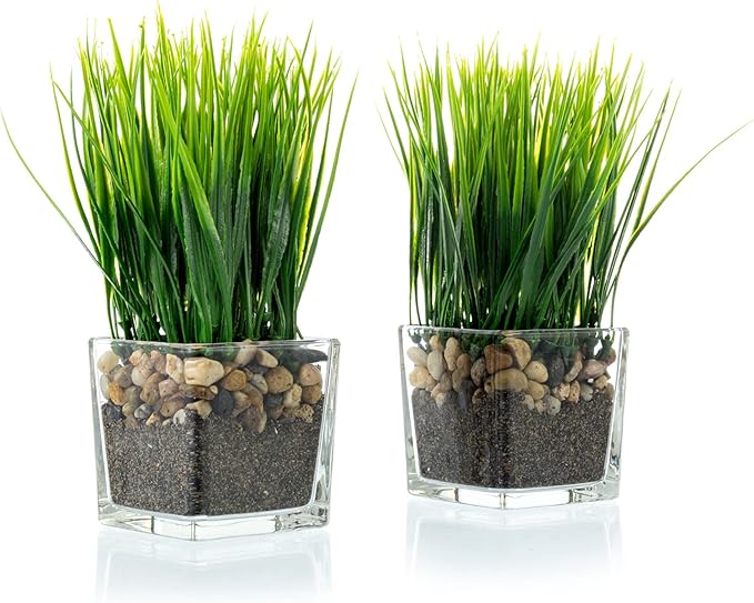 MyGift Artificial Grass Plants in Modern Square Clear Glass Pots with Faux Pebbles and Soil, Decorative Potted Greenery Plant in Tabletop Planter, Set of 2