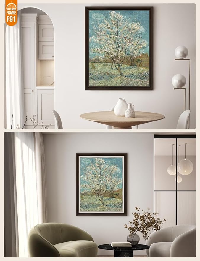 DECORARTS - The Pink Peach Tree, Vincent Van Gogh Art Reproduction. Acid Free Cotton Canvas Giclee Print w/Bronze Frame&Mat for Wall Decor.