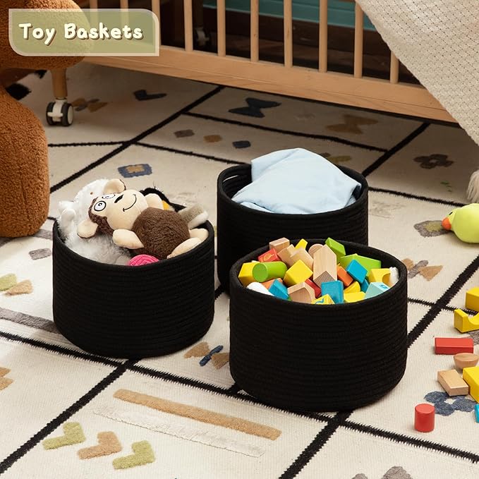 OIAHOMY Small Storage Baskets for Organizing,Closet Cube Shelf Storage, 9.8”×9.8”×7.1”, Woven Cotton Rope Gift Baskets for Nursery,Cute Dog Toy bins, Round 3 Packs, Black