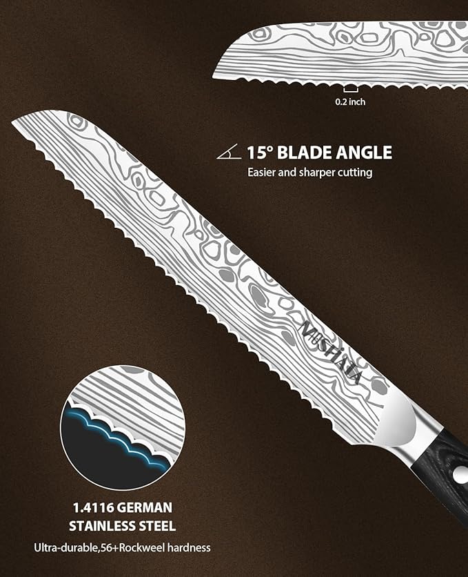 MOSFiATA Bread Knife 8” Ultra Sharp Serrated Knife, German High Carbon Stainless Steel EN1.4116 Bread Slicer with Bread Lame, Micarta Handle, For Bread, Cake, Bagels