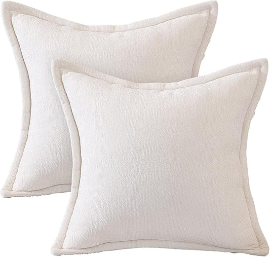 AVOIN colorlife White Chenille Throw Pillow Covers 18 x 18 Inch Set of 2, Soft Cozy Bound Edge Design Home Decor Cushion Case for Living Room Bed Sofa Coach