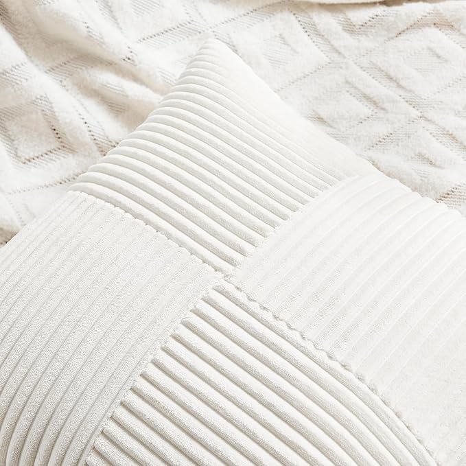 Fancy Homi 4 Packs Cream White Decorative Throw Pillow Covers 20x20 Inch for Living Room Couch Bed Sofa, Farmhouse Boho Home Decor, Soft Cross Corduroy Patchwork Accent Square Cushion Case 50x50 cm