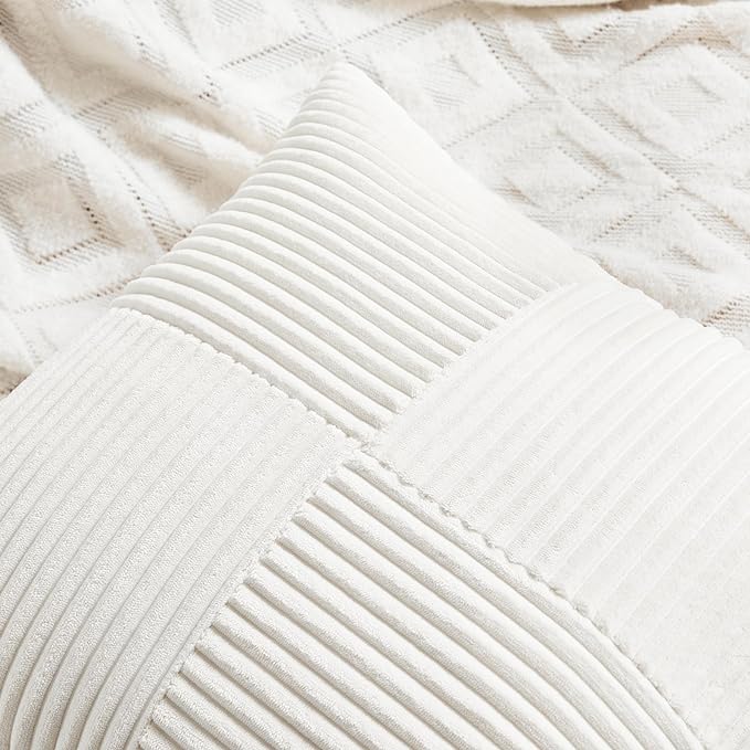 Fancy Homi 4 Packs Cream White Decorative Throw Pillow Covers 18x18 Inch for Living Room Couch Bed Sofa, Farmhouse Boho Home Decor, Soft Cross Corduroy Patchwork Textured Square Cushion Case 45x45 cm