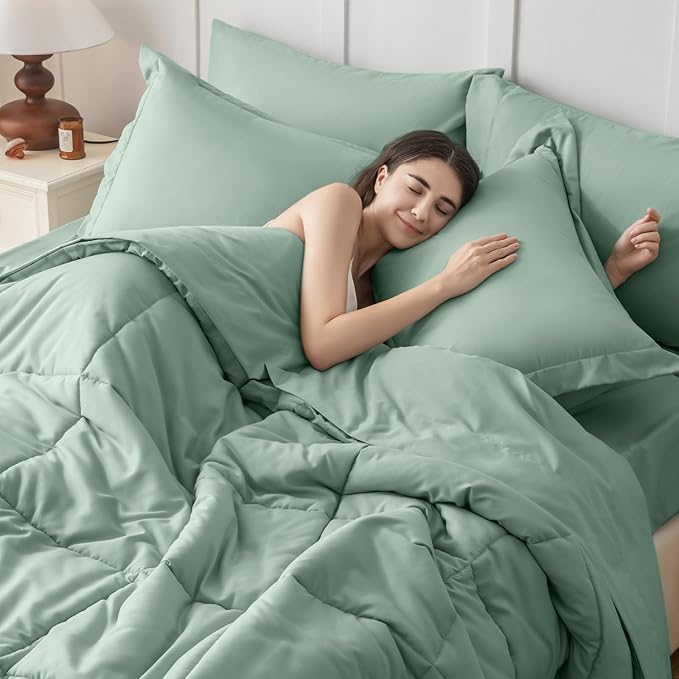 JOLLYVOGUE King Comforter Set, Ultra-Soft Bed in a Bag King Size 7 Pieces, Oeko-TEX Certified Bedding Set with Down Alternative Comforter, Sheets, Pillowcases & Shams, Sage Green