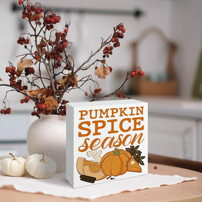 Pumpkin Decor, Autumn Home Office Decors, Fall Decor Art, Autumn Thanksgiving Wooden Signs, Rustic Tabletop Decors, Decorative Wooden Box Sign, Pumpkin Spice Season Wood Signs A14