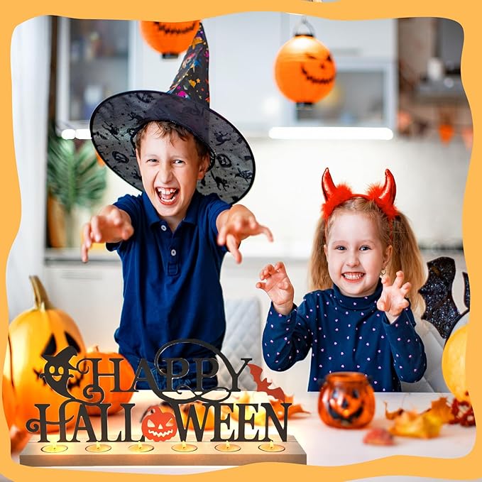 Happy Halloween Metal Sign Rustic Table Decorations with Wooden Base, Tiered Tray Decor with 18pcs Tealights, Table Centerpieces Metal Word Sign for Halloween Party Home Indoor Office Tabletop Mantel