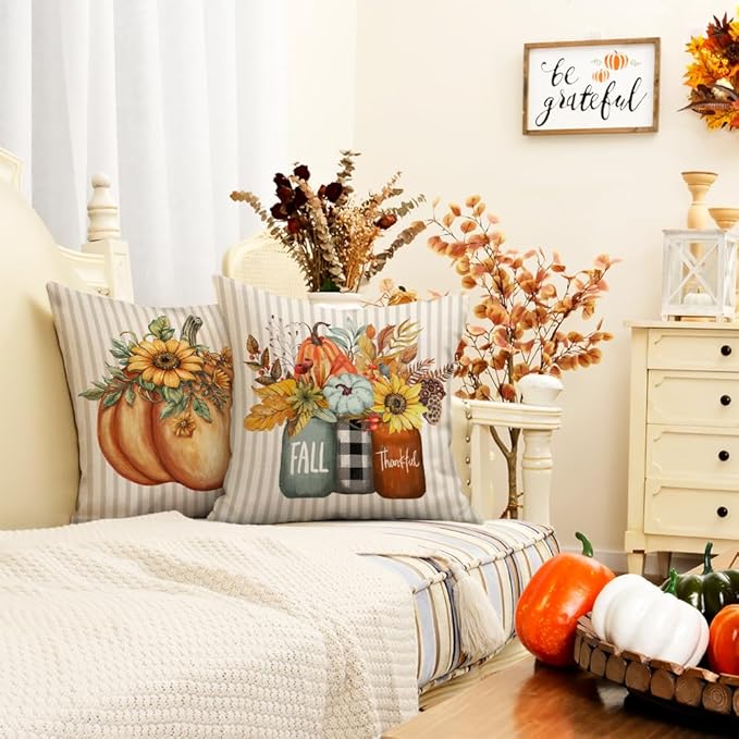 GEEORY Fall Throw Pillow Covers 20x20 Inch Set of 4, Pumpkins Mason Jars Sweet Home Striped Autumn Thanksgiving Seasonal Decorative Farmhouse Decoration (Orange) G636-20