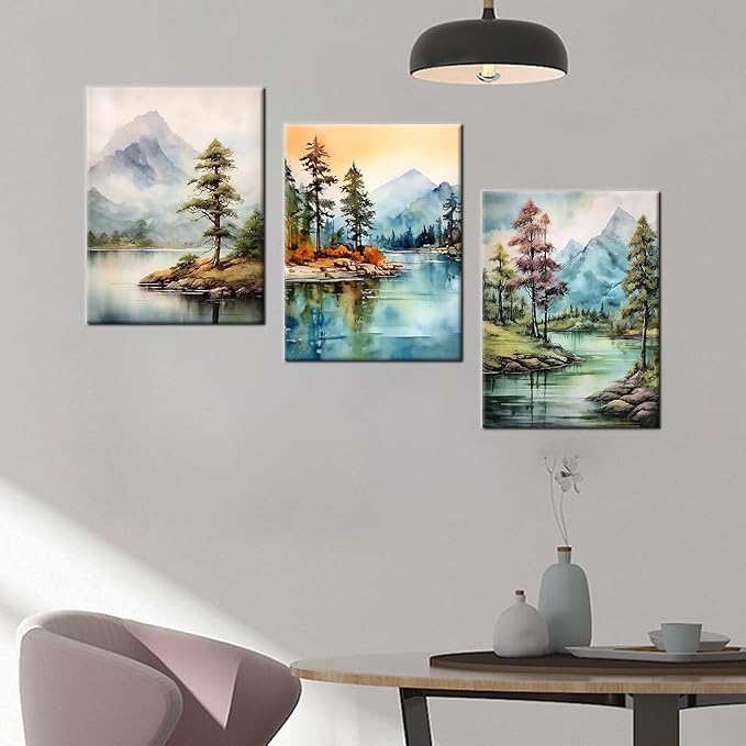 Landscape Canvas Wall Art Watercolor Green Forest Lakes Poster Print Mountain Range Picture Painting Artwork for Modern Home Bedroom Bathroom Wall Decoration Stretched and Framed [36''W x 16''H]