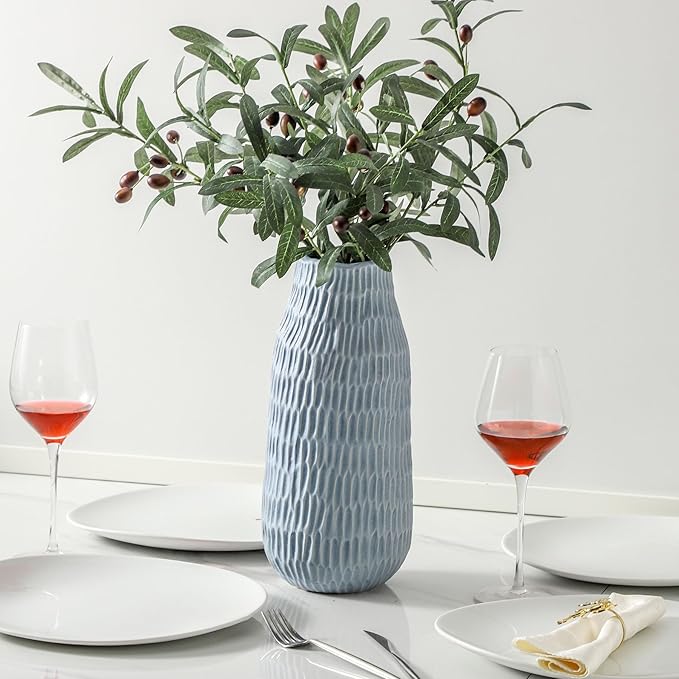 12.6 Inch Mat Blue Modern Handmade Ceramic Vase, Rustic Farmhouse Decorative Flower Vases for Home Decor,Pampas Grass Bouquet, Living Room,Kitchen,Office,Bedroom,Centerpiece Table Decorations