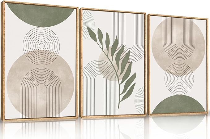 HPINUB Sage Green Framed Canvas Prints Wall Art Set, Abstract Botanical Boho Wall Decor, Minimalist Geometric Line Leaf Canvas Artwork for Living Room, Bedroom, Dining Room, Office, Bathroom -
