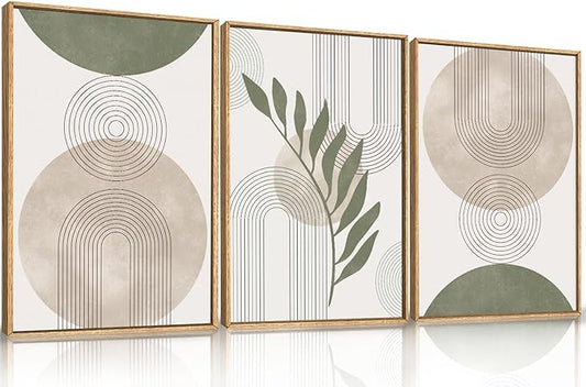 HPINUB Sage Green Framed Canvas Prints Wall Art Set, Abstract Botanical Boho Wall Decor, Minimalist Geometric Line Leaf Canvas Artwork for Living Room, Bedroom, Dining Room, Office, Bathroom -