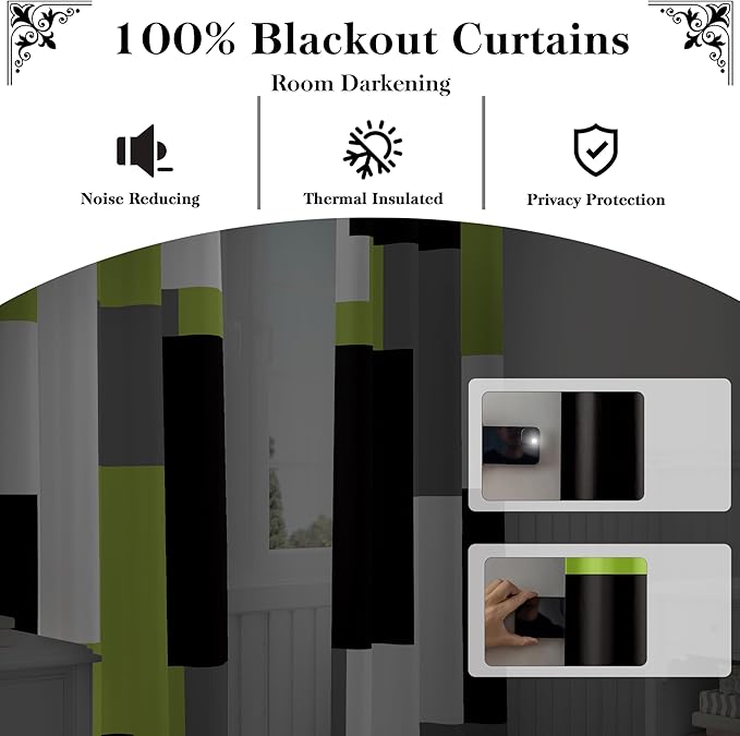 Lime Green 100% Blackout Curtains for Bedroom 84 inch Length 2 Panels Set Light Fresh Modern Abstract Geometric Black Out Curtains Insulated Room Darkening Window Drapes for Living Room, 52Wx84L