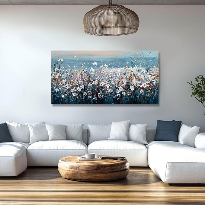 GAIDUOMAI Wildflowers Canvas Wall Art for Bedroom Blue Lake Wall Hanging Artwork Nature Colorful Wall Paintings for Living Room Dining Room 24"x48"