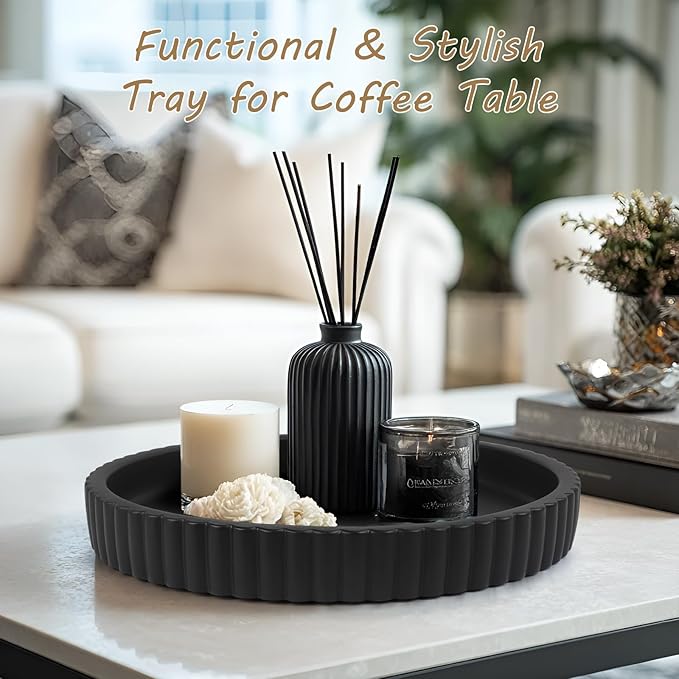 Round Decorative Tray for Coffee Table Decor-Modern Home Decor Tray-Concrete Coffee Table Serving Tray-Centerpiece Table Tray-Ottoman,Vanity, Bathroom, Kitchen,Dresser (Black)