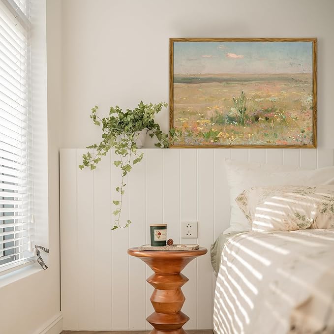 crmotu Vintage Framed Wall Art, Meadow Landscape Canvas Prints, Wildness Scenery Nature Wall Decor Pictures, Watercolor Aesthetic Wall Paintings for Living Room Bedroom Kitchen Artwork 12x16in