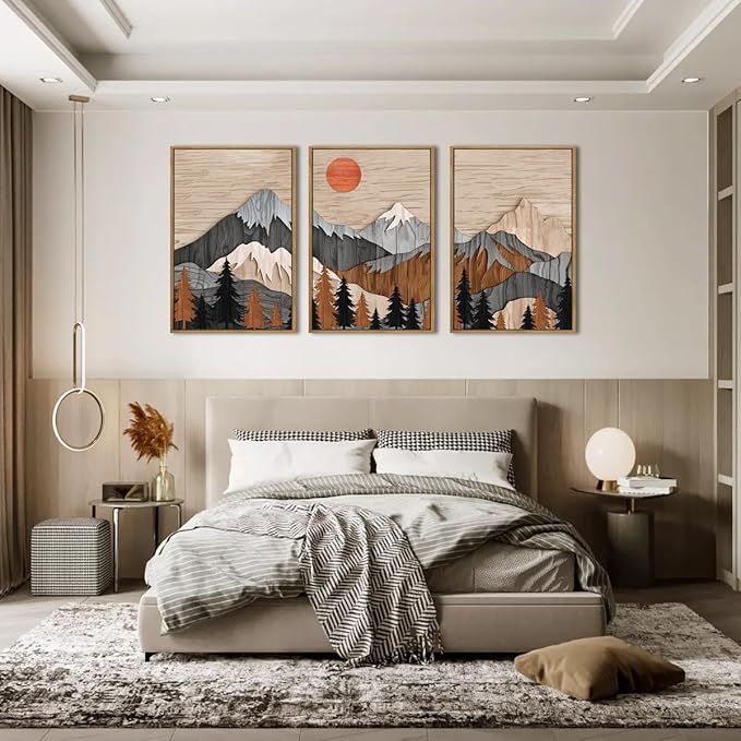 ANHUIB Mountain Wall Art 16x24 Inch Large Forest Wall Decor Woodcut Pine Tree Illustration Nature Wilderness Art Print Abstract Landscape Painting Set of 3 for Living Room Bedroom Office