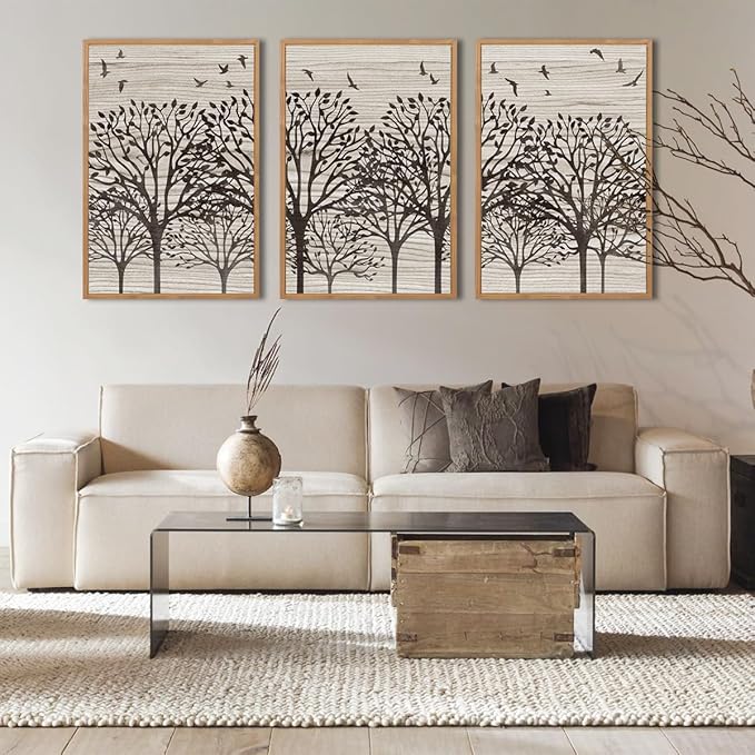 ANHUIB Framed Neutral Tree Canvas Wall Art 24 * 36 Inch Large Forest Bird Abstract Wall Decor Farmhouse Illustration Artwork for Living Room Bedroom Set of 3