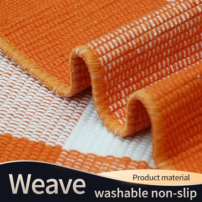 SEEKSEE Cotton Buffalo Plaid Rug 3'x5' Orange and White Checked Rug Washable Doormats Indoor Outdoor Rugs for Layered Front Door Mats, Porch, Kitchen, Farmhouse, Entryway