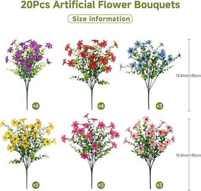 SHareconn Artificial Flowers for Outdoors Spring Decoration, Fake Silk Realistic Faux Plants UV Resistant for Outdoor Planter Porch Patio Summer Outside Decor,20 Bundles,RedRosyPurpleBlueYellowPink